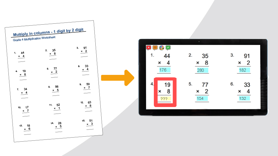 Image of a printed maths worksheet next to a tablet screen. The tablet screen is displaying the same worksheet which has been scanned, magnified and completed with annotations.